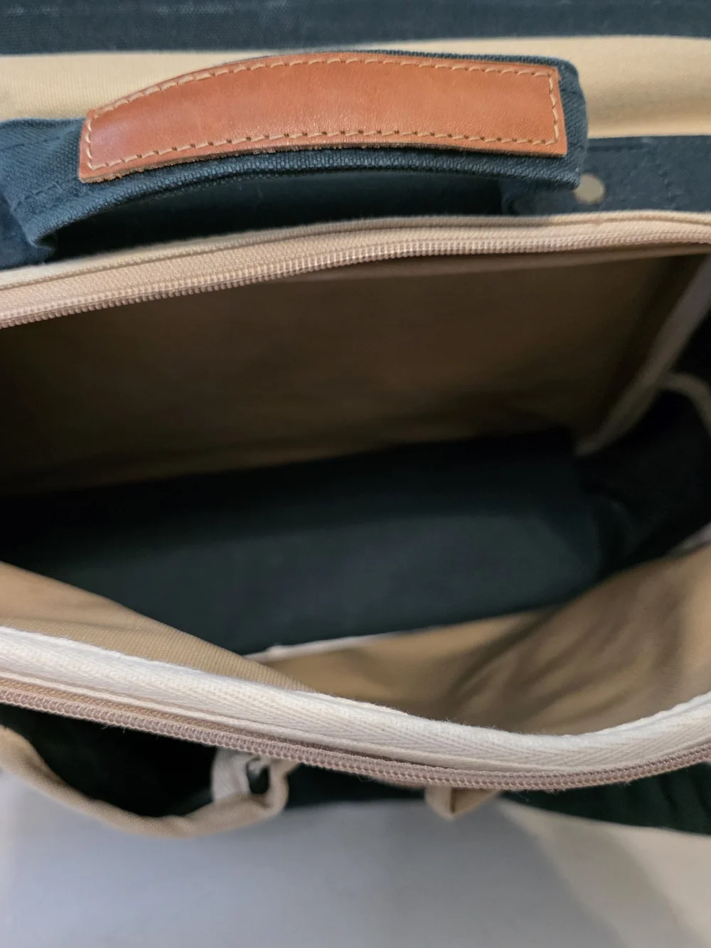 Dark Green Canvas Messenger Bag with Cream Trim